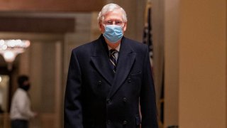 Senate Minority Leader Mitch McConnell (R-KY) departs after the day's proceedings in the impeachment trial of former President Donald Trump at the U.S. Capitol on February 10, 2021 in Washington, DC.