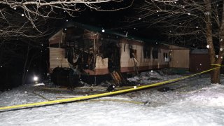 A burned-down building on Verona Island, Maine. A man died in a fire March 15, 2023, while staying there as a guest, authorities said.