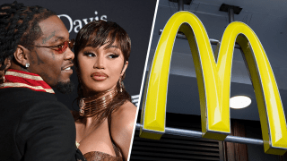Split image of Cardi B and Offset posing on the red carpet. And photo of McDonald's logo