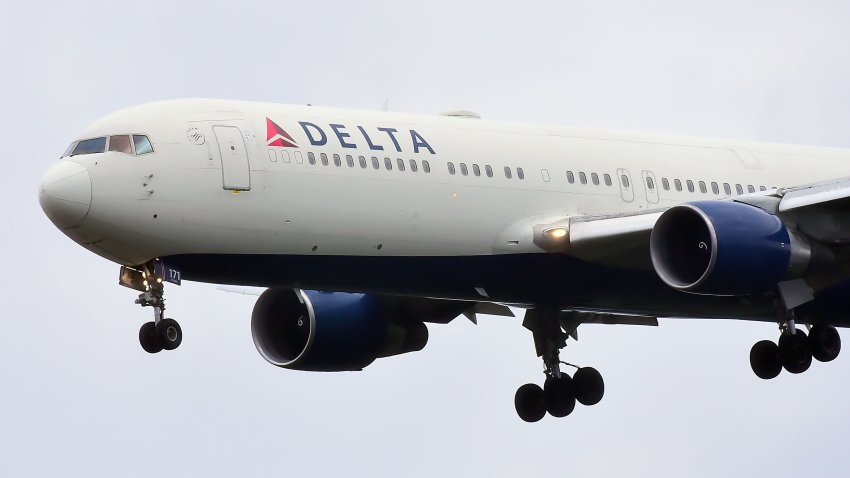 DELTA Airlines aircraft over airport on July 13,2019 in Frankfurt,Germany.