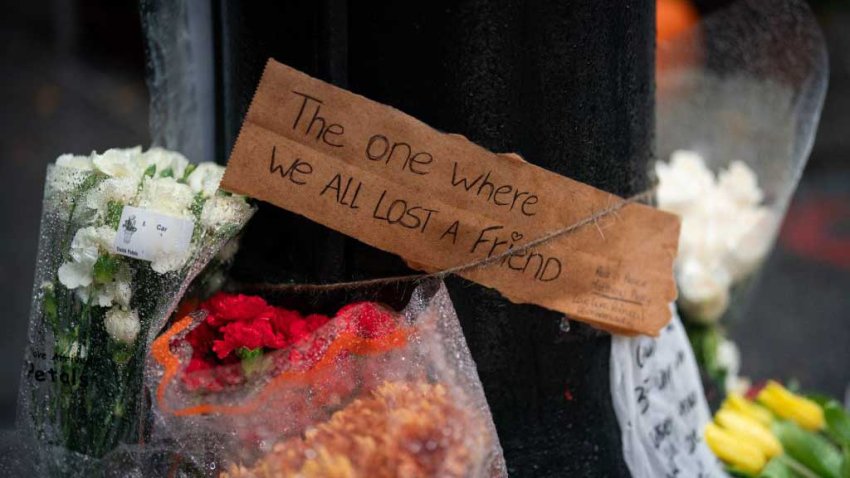 Floral tributes are left for actor Matthew Perry outside the apartment building which was used as the exterior shot in the TV show “Friends” in New York on October 29, 2023. Perry, 54, was known globally for his portrayal of wise-cracking character Chandler Bing on the wildly popular “Friends,” which ran for 10 seasons from 1994 to 2004. First responders found Perry unconscious in a hot tub at his house on October 28 and were unable to revive him, law enforcement sources told the Los Angeles Times. Police confirmed they’d mounted a “death investigation for a male in his 50s.” (Photo by Adam GRAY / AFP) (Photo by ADAM GRAY/AFP via Getty Images)