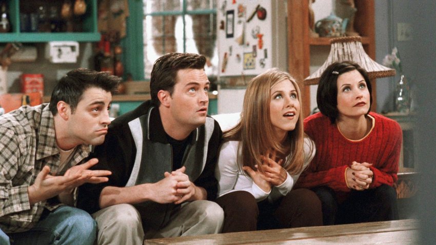 Matt LeBlanc as Joey Tribbiani, Matthew Perry as Chandler Bing, Jennifer Aniston as Rachel Green and Courteney Cox as Monica Geller on NBC’s "Friends."