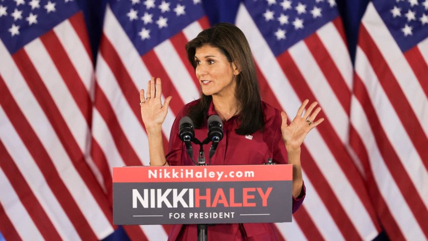 Republican presidential candidate and former U.S. Ambassador to the United Nations Nikki Haley speaks to the crowd at a caucus night party in West Des Moines, Iowa, U.S., January 15, 2024. 