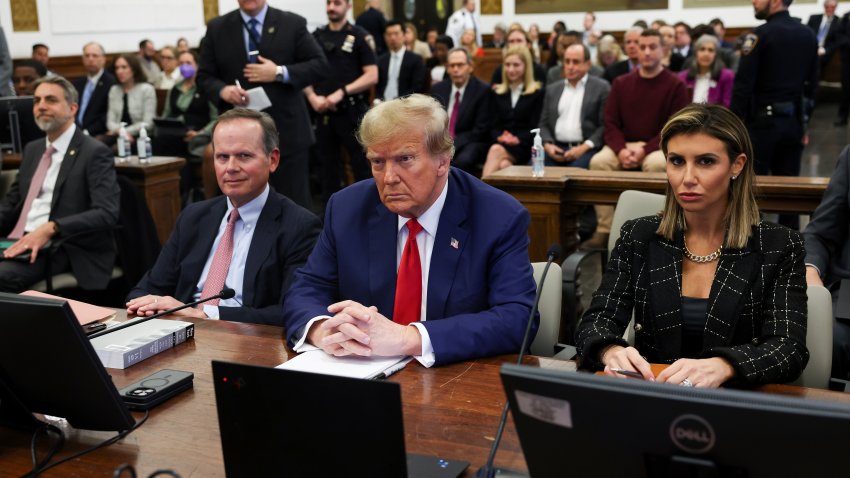 FILE – Former U.S. President Donald Trump, with lawyers Christopher Kise and Alina Habba, attends the closing arguments in the Trump Organization civil fraud trial at New York State Supreme Court in the Manhattan borough of New York, Thursday, Jan. 11, 2024. Within days, Trump could potentially have his sprawling real estate business empire ordered “dissolved” for repeated misrepresentations on financial statements to lenders, adding him to a short list of scam marketers, con artists and others who have been hit with the ultimate punishment for violating New York’s powerful anti-fraud law. (Shannon Stapleton/Pool Photo via AP, File)