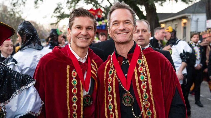 NEW ORLEANS, LOUISIANA – FEBRUARY 12: (L-R) David Burtka and Neil Patrick Harris reign as celebrity monarchs of the Krewe of Orpheus during 2024 Mardi Gras on February 12, 2024 in New Orleans, Louisiana. (Photo by Erika Goldring/Getty Images)