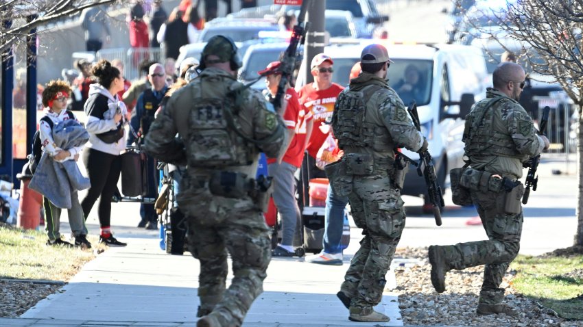 Police respond to an active shooter after shots were fired near the Kansas City Chiefs’ Super Bowl LVIII victory parade on February 14, 2024, in Kansas City, Missouri. Multiple people were injured after gunfire erupted at the Kansas City Chiefs Super Bowl victory rally on Wednesday, local police said.
Kansas City Police said in a tweet “multiple people” were struck after shots rang out near Union Station, where just moments earlier Chiefs players had addressed fans. (Photo by ANDREW CABALLERO-REYNOLDS / AFP) (Photo by ANDREW CABALLERO-REYNOLDS/AFP via Getty Images)