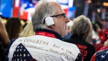 WASHINGTON - JULY 17: An Arizona delegate wears an ear bandage in solidarity with Donald Trump, the Republican presidential nominee, in the Fiserv Forum on the third night of the Republican National Convention in Milwaukee, Wis., on Wednesday July 17, 2024. (Tom Williams/CQ-Roll Call, Inc via Getty Images)