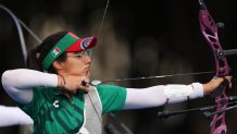 PARIS, FRANCE - JULY 25: Ana Vazquez of Team Mexico competes during the Women's Archery Individual Ranking Round on Day -1 of the Olympic Games Paris 2024 at Esplanade Des Invalides on July 25, 2024 in Paris, France. (Photo by Julian Finney/Getty Images)