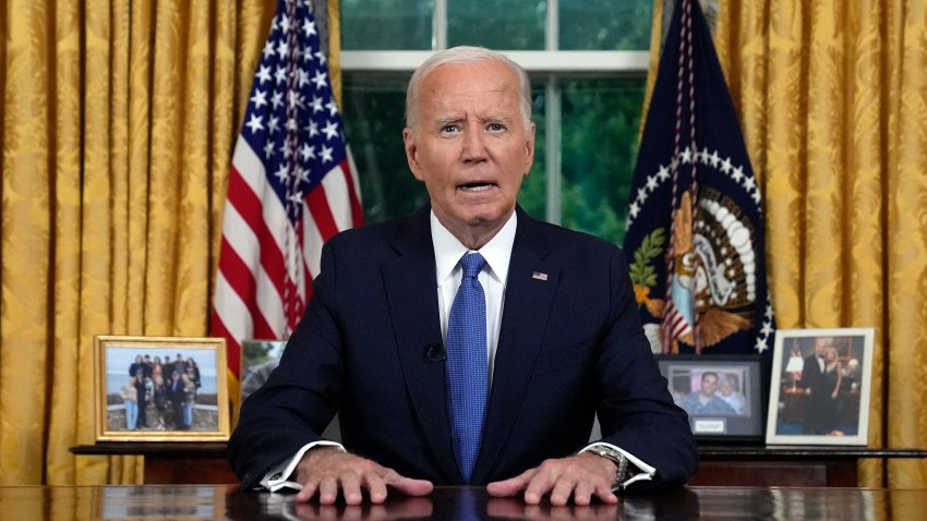 US President Joe Biden speaks during an address to the nation about his decision to not seek reelection, in the Oval Office at the White House in Washington, DC, on July 24, 2024. US President Joe Biden will give an Oval Office speech July 24, 2024 to explain his historic decision to drop out of the 2024 election and pass the torch to Kamala Harris, with the White House denying any cover up over his health. In his first address to the nation since quitting the race, the 81-year-old is expected to burnish his legacy and deny he will spend six months as a lame duck president. (Photo by Evan Vucci / POOL / AFP) (Photo by EVAN VUCCI/POOL/AFP via Getty Images)