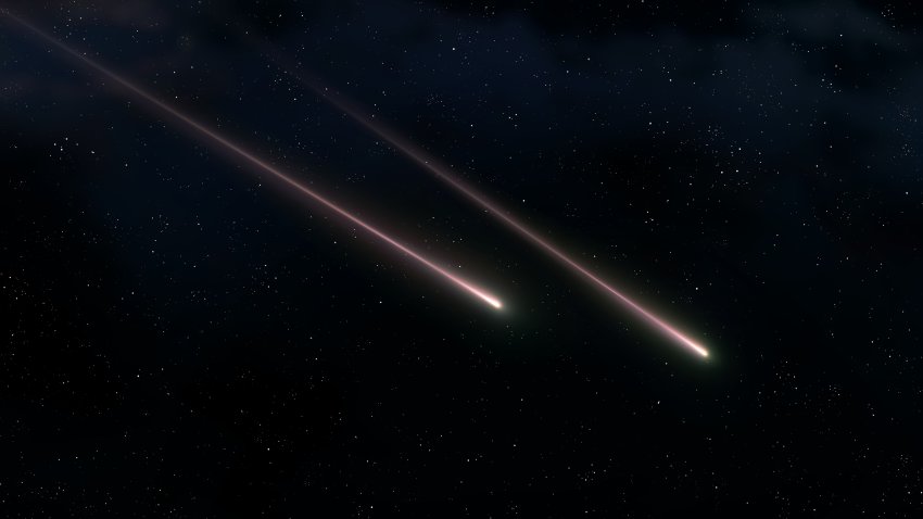 Meteors at night isolated. Fireballs in the starry sky. Falling meteorites burn up in the atmosphere.