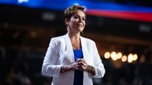 UNITED STATES - JULY 16: Kari Lake, Republican U.S. Senate candidate from Arizona, acknowledges her state delegation after speaking in the Fiserv Forum on the second day of Republican National Convention in Milwaukee, Wis., on Tuesday, July 16, 2024. (Tom Williams/CQ-Roll Call, Inc via Getty Images)