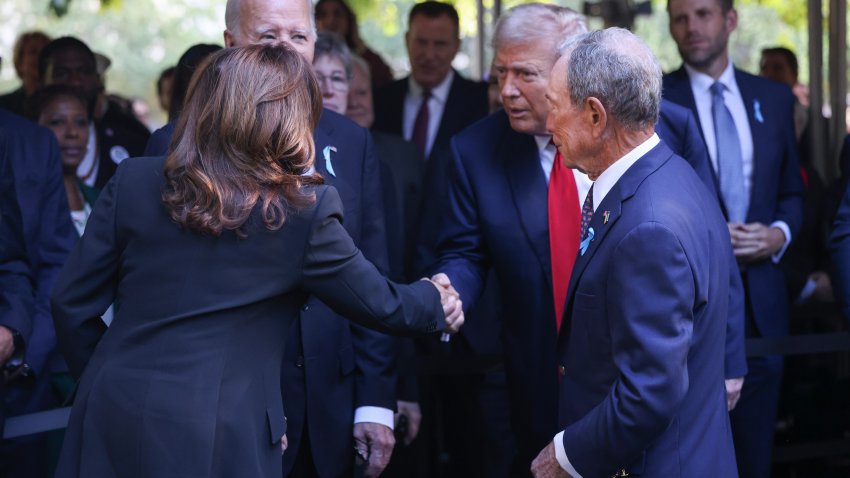 NEW YORK, NEW YORK – SEPTEMBER 11: (L-R) Democratic presidential nominee, U.S. Vice President Kamala Harris, greets Republican presidential nominee, former U.S. President Donald Trump as they joined family and friends at Ground Zero honoring the lives of those lost on the 23rd anniversary of the terror attacks of September 11, 2001, at the World Trade Center on September 11, 2024 in New York City.  Harris will also attend ceremonies at the Flight 93 National Memorial in Shanksville, Pa, and the Pentagon in Arlington, Va., making visits to all three sites of the terror attacks that killed nearly 3,000 people.  (Photo by Michael M. Santiago/Getty Images)