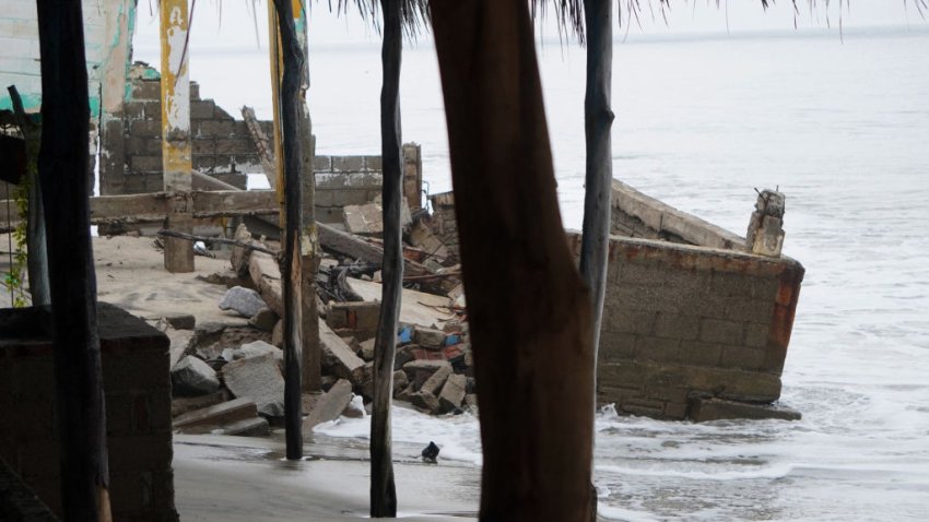 A destroyed building at the Cangrejo beach is seen ahead of the arrival of Hurricane John in Oaxaca State, Mexico, on September 23, 2024. Authorities in Mexico prepared on Monday for the arrival of Hurricane John, which strengthened to a Category 2 storm off the country’s southern coast, according to the US-based National Hurricane Center. (Photo by RUSVEL RASGADO / AFP) (Photo by RUSVEL RASGADO/AFP via Getty Images)