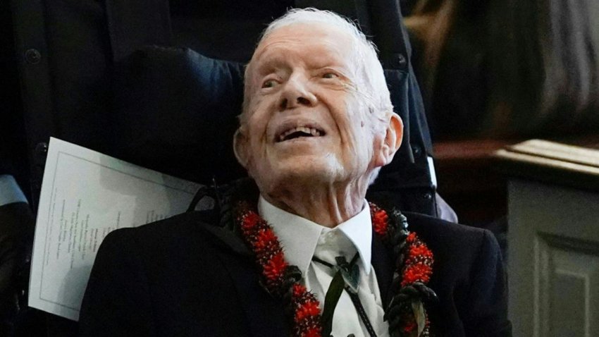 TOPSHOT – Former President Jimmy Carter departs after the funeral service for former first lady Rosalynn Carter at Maranatha Baptist Church, in Plains, Georgia, on November 29, 2023. Carter died on November 19, 2023, at the age of 96, just two days after joining her husband in hospice care at their house in Plains. (Photo by Alex Brandon / POOL / AFP) (Photo by ALEX BRANDON/POOL/AFP via Getty Images)