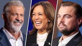 Mel Gibson, Kamala Harris y Leonardo DiCaprio en fotos de archivo.