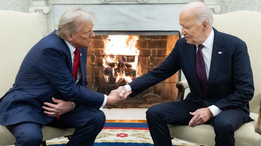 TOPSHOT – US President Joe Biden shakes hands with US President-elect Donald Trump during a meeting in the Oval Office of the White House in Washington, DC, on November 13, 2024. Trump thanked Biden for pledging a smooth transfer of power as the victorious Republican made a historic return visit to the White House on Wednesday. (Photo by SAUL LOEB / AFP) (Photo by SAUL LOEB/AFP via Getty Images)