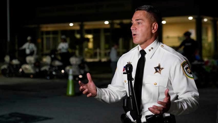 Hillsborough County, Fla., Sheriff Chad Chronister speaks to the media before the first day of school at Sessums Elementary School Tuesday, Aug. 10, 2021, in Riverview, Fla.