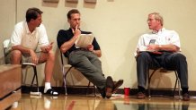 SP.Showcase.Talk.DB.5/13/97.Irivne. Courtside at Concordia University gym, the Phoenix Suns basketball management talk about top players competing in exhibition games. (L to R): Danny Ainge, head coach, Bryan Colangelo, general manager and Dick VanArsdale, V.P. of player personnel. Top Continental Basketball Assn. athletes played to impress scouts and coaches on the lookout for new talent. (Photo by Don Bartletti/Los Angeles Times via Getty Images)