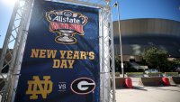 NEW ORLEANS, LOUISIANA – JANUARY 01: A sign for the Allstate Sugar Bowl between Georgia and Notre Dame is seen outside the Louisiana Superdome after at least ten people were killed on Bourbon Street when a person allegedly drove into a crowd in the early morning hours of New Year’s Day on January 1, 2025 in New Orleans, Louisiana. Dozens more were injured after a suspect in a rented pickup truck allegedly drove around barricades and through a crowd of New Year’s revelers on Bourbon Street. The suspect then got out of the car, opened fire on police officers, and was subsequently killed by law enforcement.   (Photo by Chris Graythen/Getty Images)