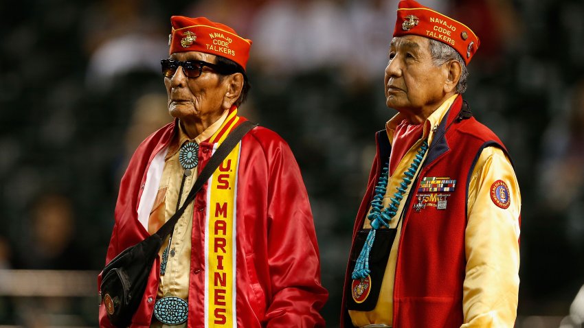PHOENIX, AZ – SEPTEMBER 11:  World War II, Navajo code talkers for the Marine Corps are honored before the MLB game between the Arizona Diamondbacks and the Los Angeles Dodgers at Chase Field on September 11, 2015 in Phoenix, Arizona.  (Photo by Christian Petersen/Getty Images)