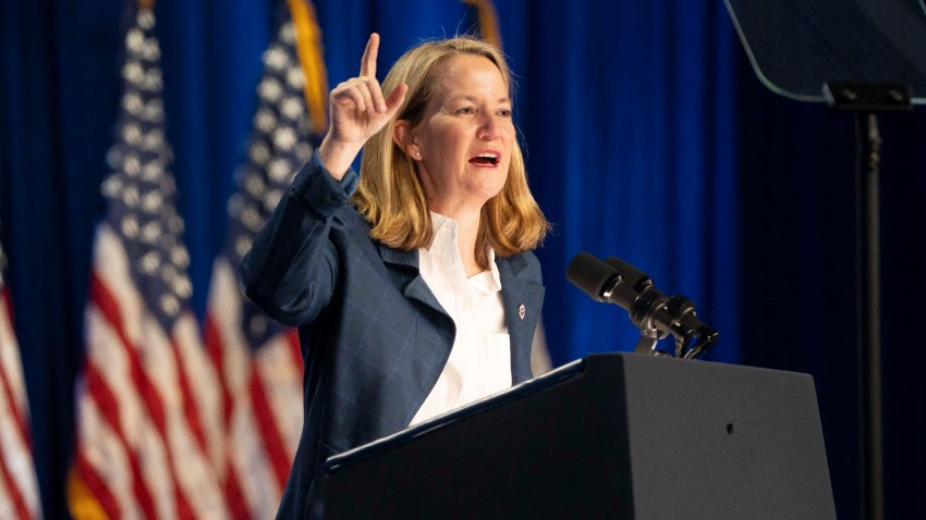 Arizona Attorney General Kris Mayes speaks during a rally for US Vice President and Democratic presidential candidate Kamala Harris in Douglas, Arizona, on September 27, 2024. (Photo by Rebecca NOBLE / AFP) (Photo by REBECCA NOBLE/AFP via Getty Images)