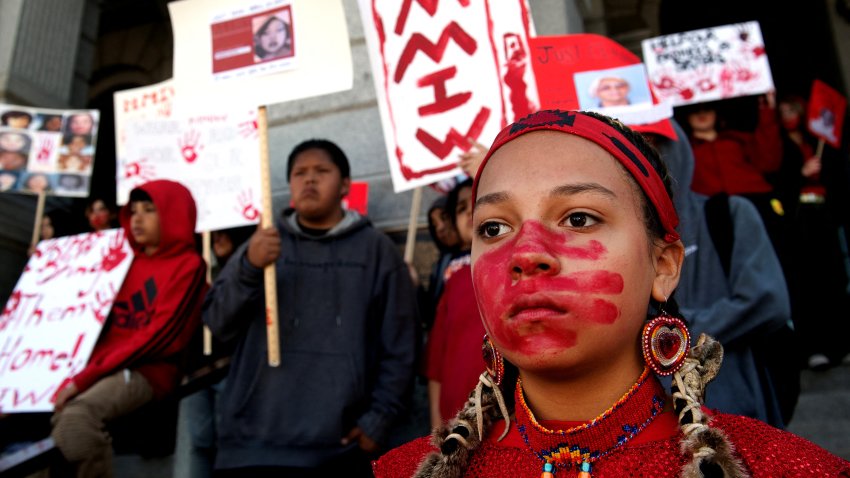 Evelynn Ware of the Oglala nation, a student at the American Indian Academy of Denver, participates in a student-led rally in support of Missing or Murdered Indigenous Persons Awareness Day at the Colorado Capital in Denver, Colorado, on May 5, 2023. Violence against the Native American population is highly underreported, and in 2021 US President Joe Biden signed an executive order to address the epidemic of murdered and missing indigenous persons. (Photo by Jason Connolly / AFP) (Photo by JASON CONNOLLY/AFP via Getty Images)