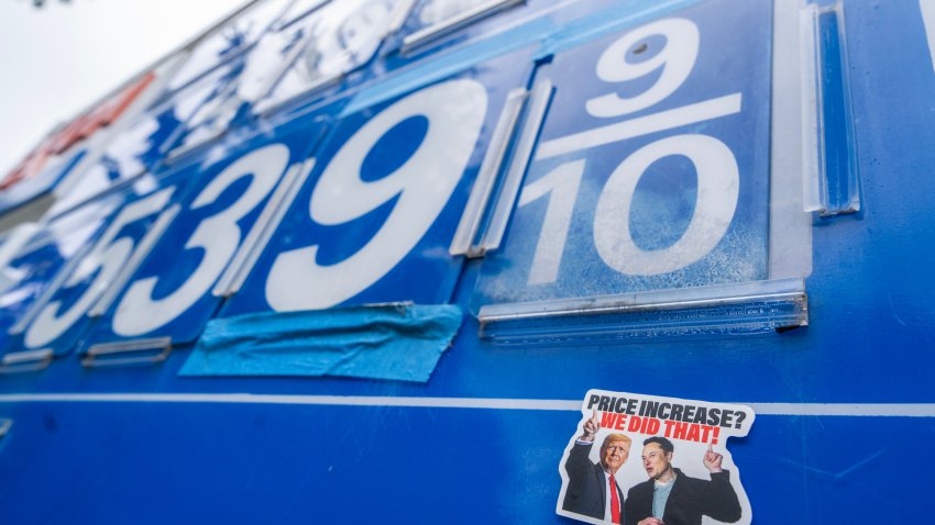 UNITED STATES – MAY 5: A sticker of President Donald Trump and Elon Musk are seen at an Exxon station on Capitol Hill on Monday, May 5, 2025. (Tom Williams/CQ-Roll Call, Inc via Getty Images)