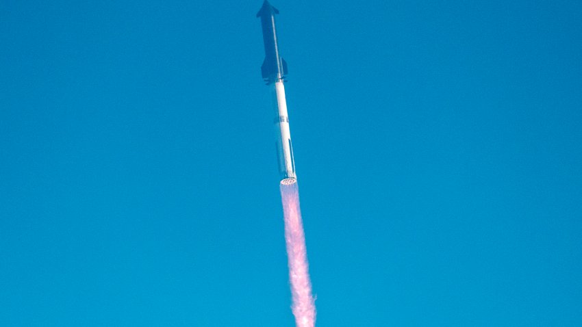 The SpaceX Starship rocket launches from Starbase, Texas, as seen from South Padre Island on May 27, 2025. SpaceX mission control lost contact with the upper stage of Starship as it leaked fuel, spun out of control, and made an uncontrolled reentry after flying halfway around the world, likely disintegrating over the Indian Ocean, officials said. (Photo by Sergio FLORES / AFP) (Photo by SERGIO FLORES/AFP via Getty Images)