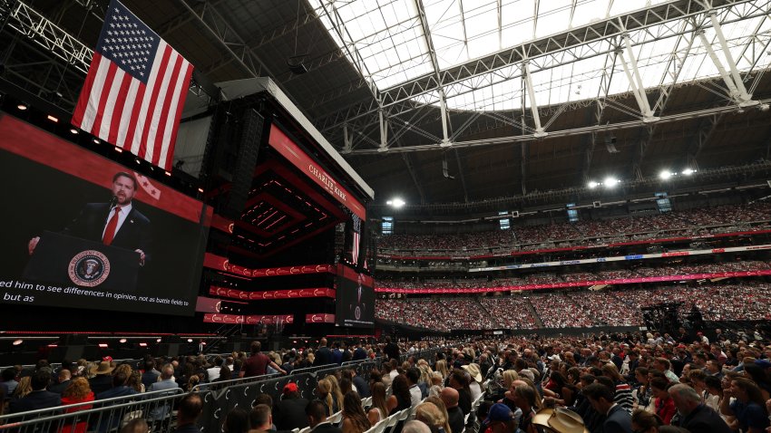 US Vice President JD Vance speaks at the public memorial service for right-wing activist Charlie Kirk at State Farm Stadium in Glendale, Arizona, on September 21, 2025. (Photo by Patrick T. Fallon / AFP) (Photo by PATRICK T. FALLON/AFP via Getty Images)
