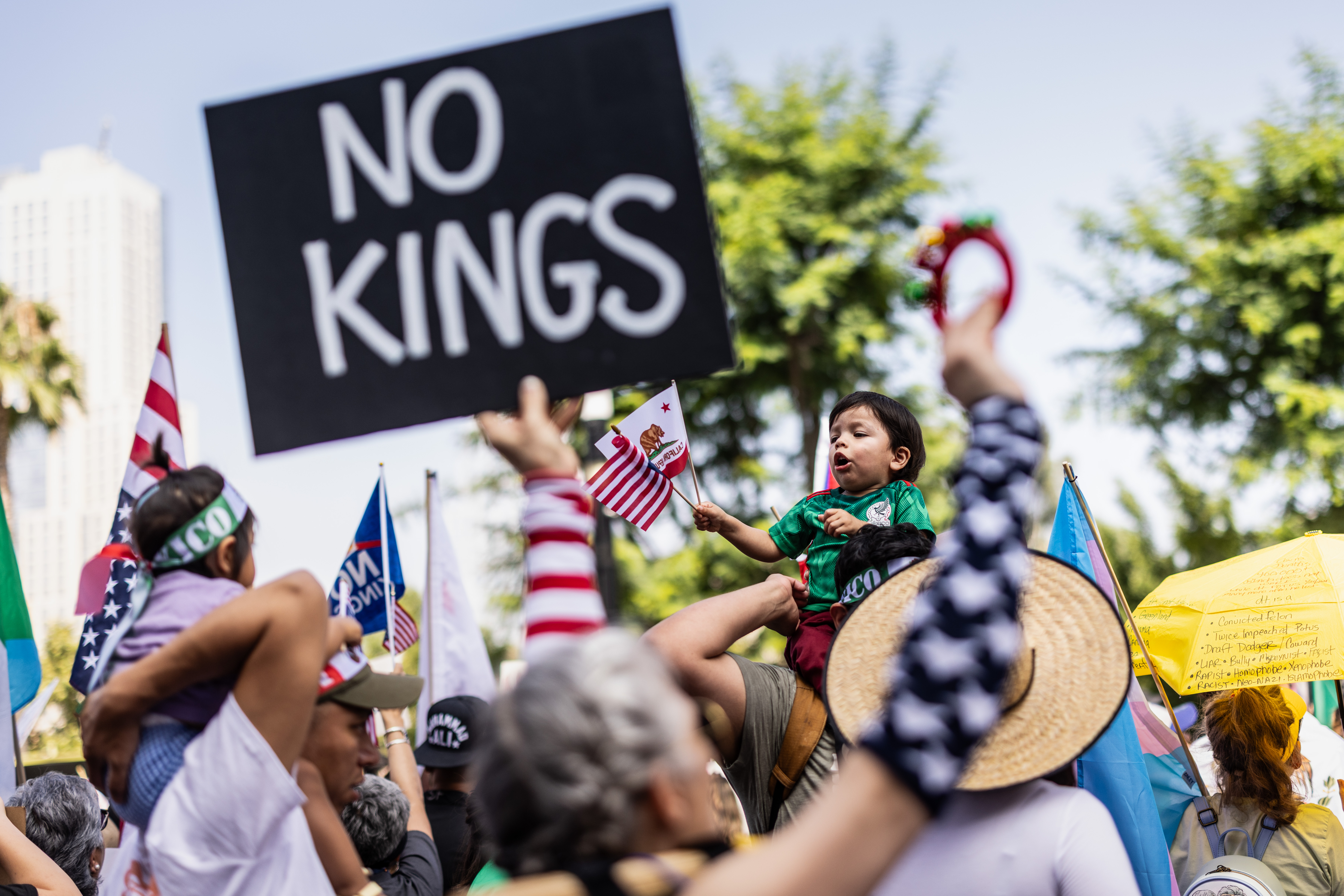 Protestors march during an anti-Trump &quot;No Kings Day&quot; demonstration in a city that has been the focus of protests against Trump&#039;s immigration raids on June 14, 2025