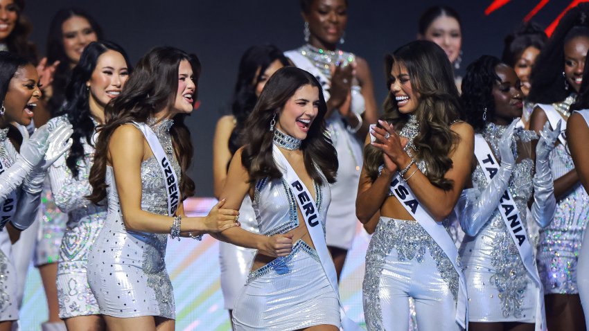MEXICO CITY, MEXICO – NOVEMBER 16: Miss Peru, Tatiana Calmell, gestures in The 73rd Miss Universe Competition – show at Arena Ciudad de Mexico on November 16, 2024 in Mexico City, Mexico. (Photo by Hector Vivas/Getty Images)
